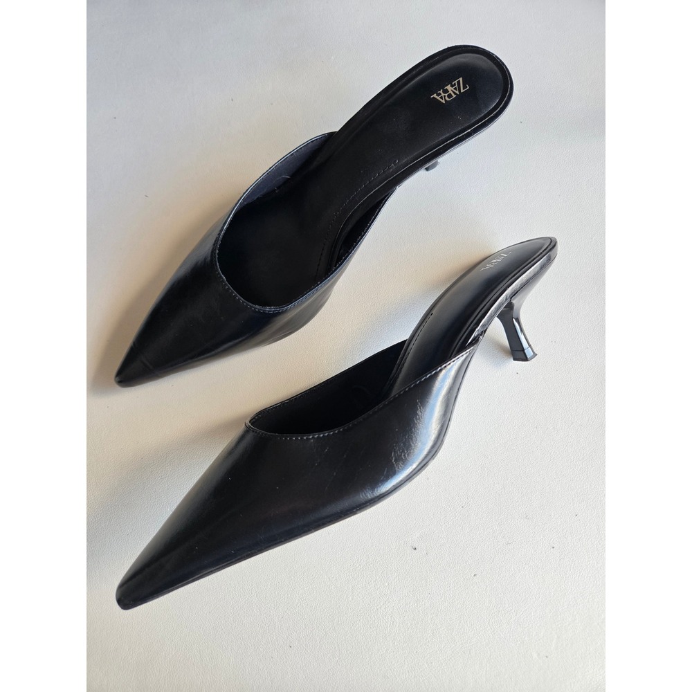 Zara Black Pointed Toe Kitten Heel Mules Slip On Shoes 9 Minimalist Chic Classic